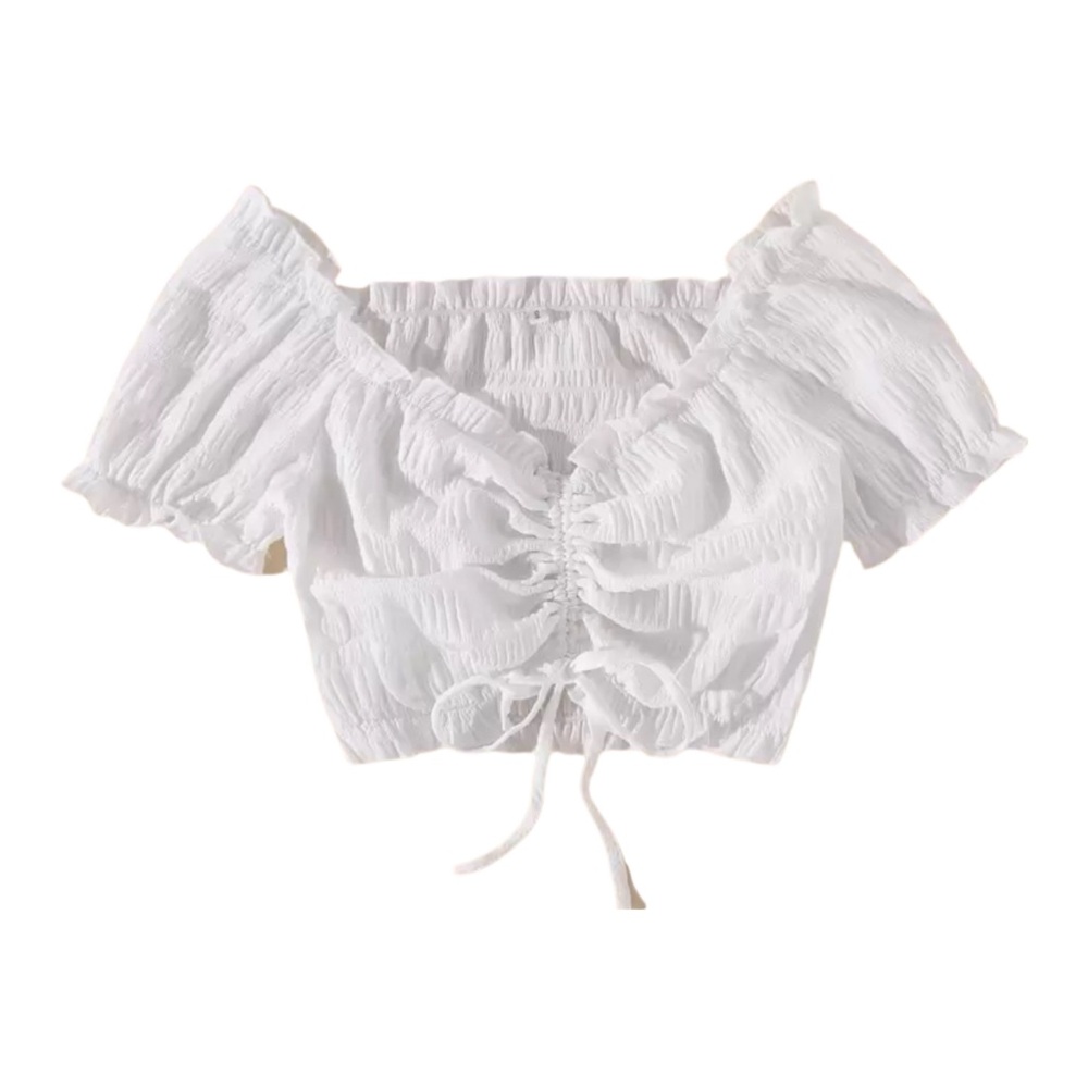 Romantic Regency Drawstring Ruched Crop Top Short Sleeve White Size 4 Small